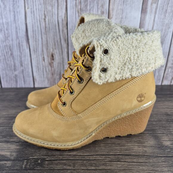 TIMBERLAND Earthkeepers Amston Roll Top Cozy Wedge Boots Women's Sz 8 Wheat Tan - Picture 1 of 10